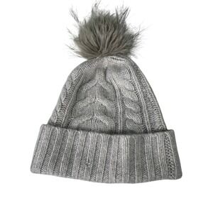 Halogen 100% Cashmere Gray Cable Knit Beanie Faux Fur Pom Pom Hat One Size